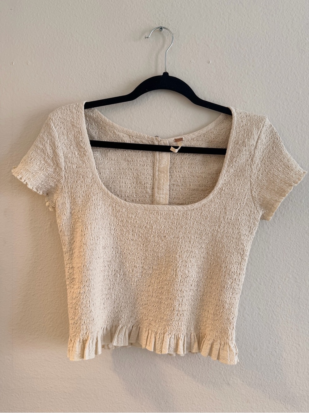 Free People Cream Smocked Ruffle-Hem Scoop Crop Top, Size Small